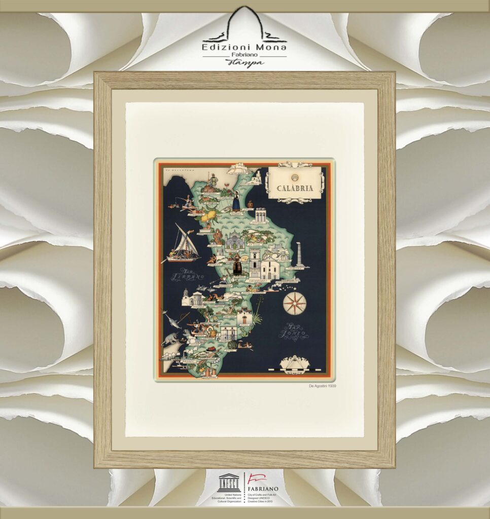 Carta geografica illustrata Calabria 1939 De Agostini riproduzione artistica su carta cotone Fabriano