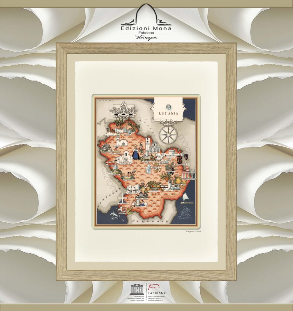 Carta geografica illustrata Lucania Basilicata 1939 De Agostini riproduzione artistica su carta cotone Fabriano