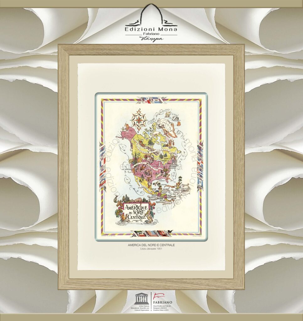 Carta geografica illustrata america del nord e centrale Liozu Jacques 1951 riproduzione artistica su carta in puro cotone, prodotta tradizionalmente a Fabriano città della carta e della filigrana, città creativa Unesco.