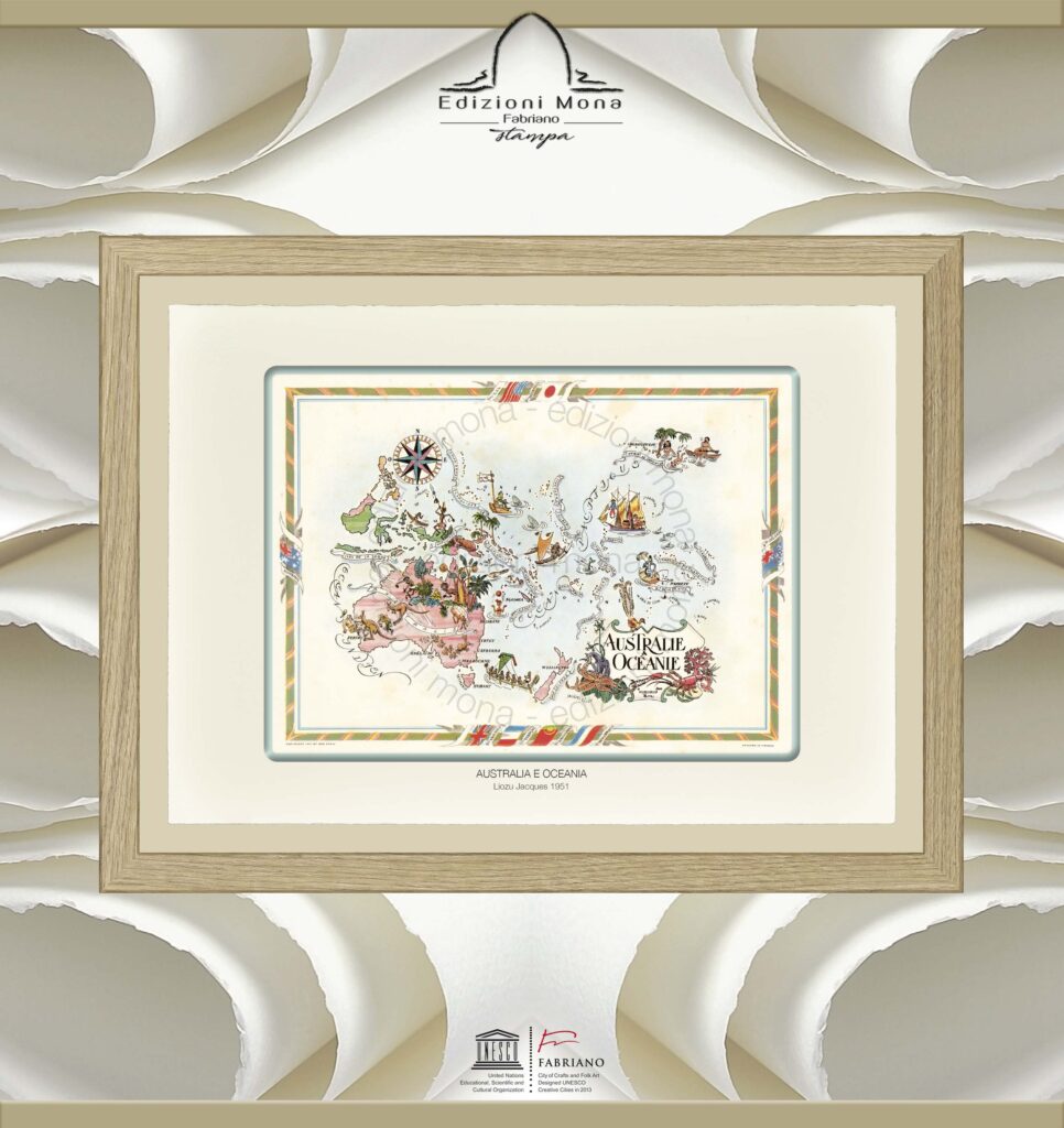 Carta geografica illustrata australia oceania Liozu Jacques 1951 riproduzione artistica su carta in puro cotone, prodotta tradizionalmente a Fabriano città della carta e della filigrana, città creativa Unesco.