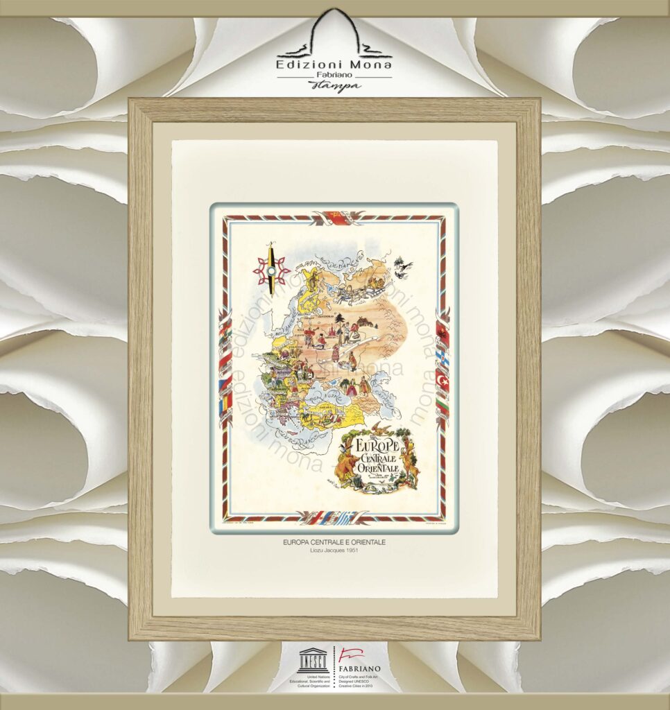 Carta geografica illustrata europa centrale orientale Liozu Jacques 1951 riproduzione artistica su carta in puro cotone, prodotta tradizionalmente a Fabriano città della carta e della filigrana, città creativa Unesco.
