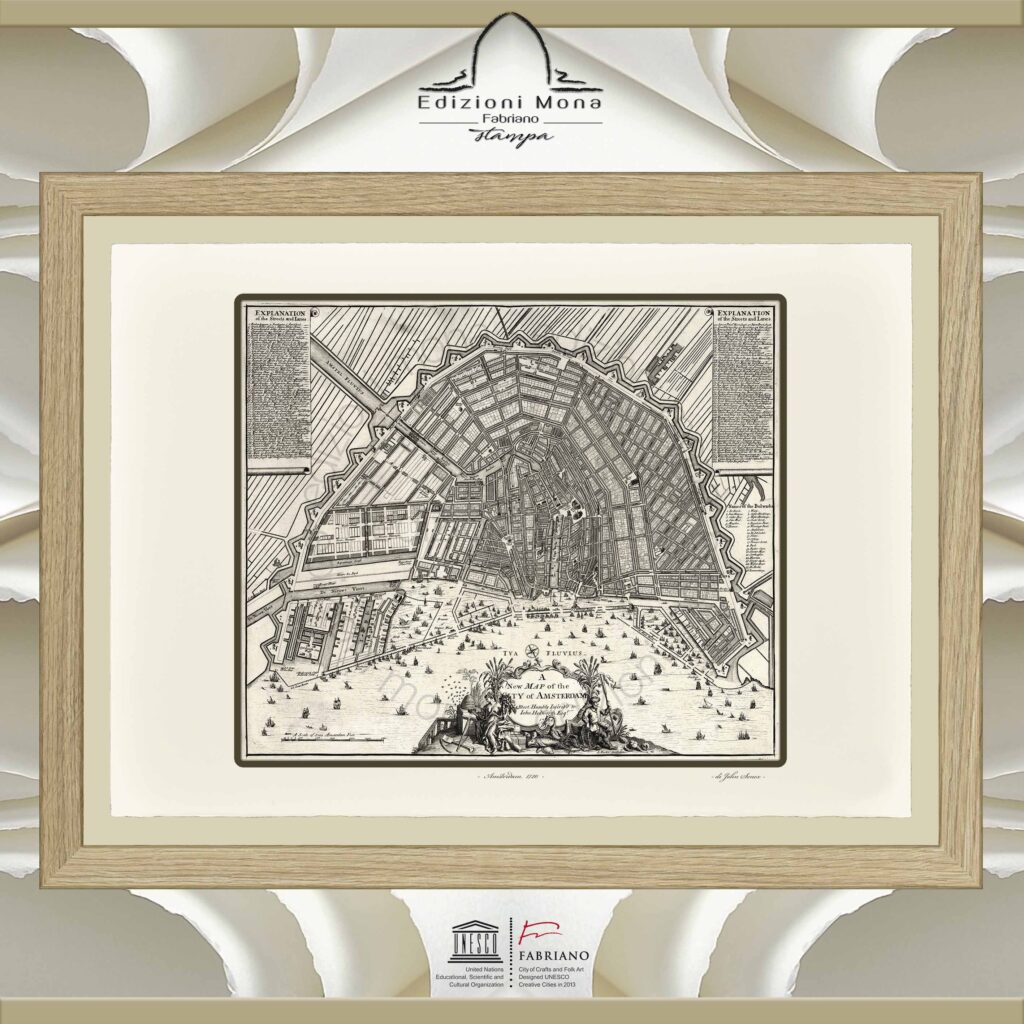 Mappa antica Amsterdam 1720 john senex riproduzione artistica Fine Art su carta in puro cotone, prodotta tradizionalmente a Fabriano, città della carta e della filigrana, città creativa Unesco.