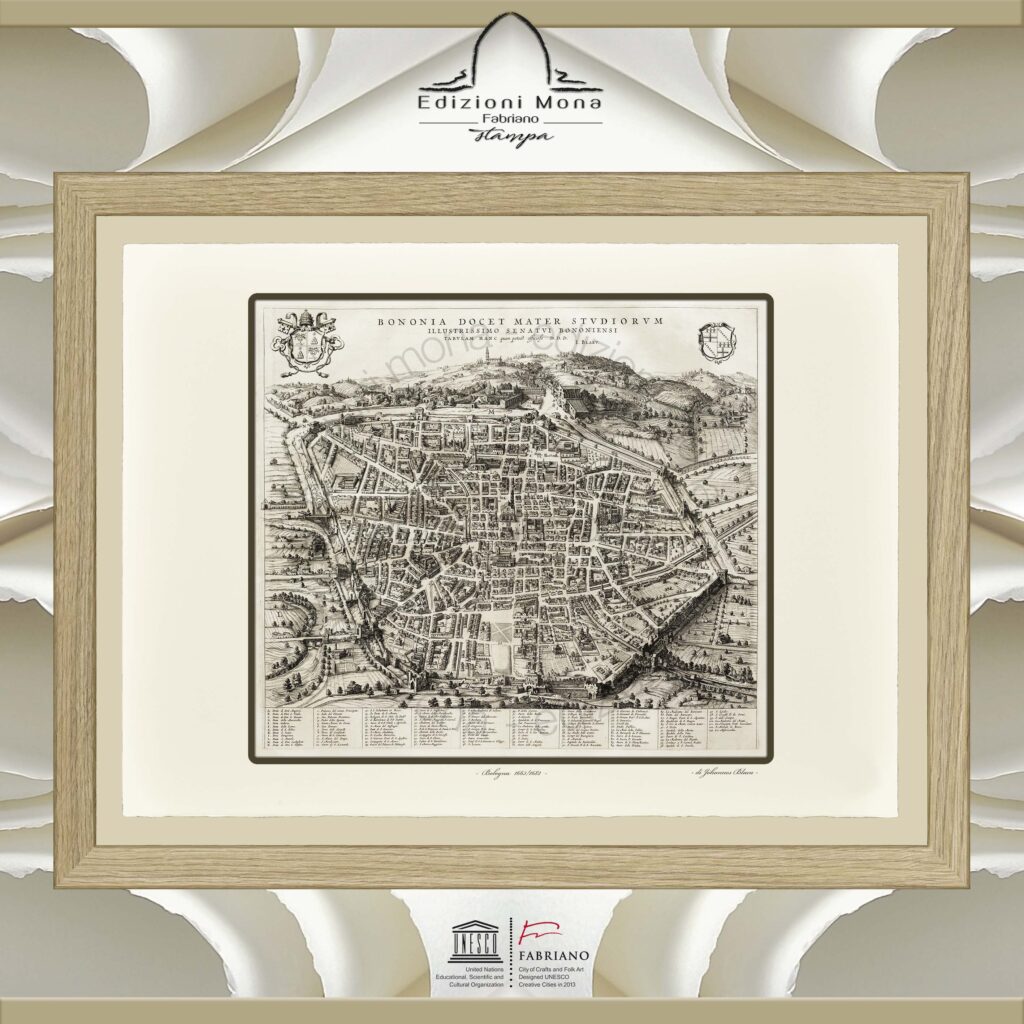 Mappa antica Bologna 1663-1682 Joan Blaeu riproduzione artistica Fine Art su carta in puro cotone, prodotta tradizionalmente a Fabriano, città della carta e della filigrana, città creativa Unesco.
