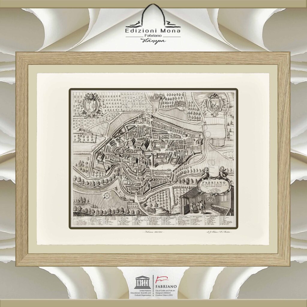 Mappa antica Fabriano 1663-1705 Joan Blaeu Pierre Mortier riproduzione artistica Fine Art su carta in puro cotone, prodotta tradizionalmente a Fabriano, città della carta e della filigrana, città creativa Unesco.