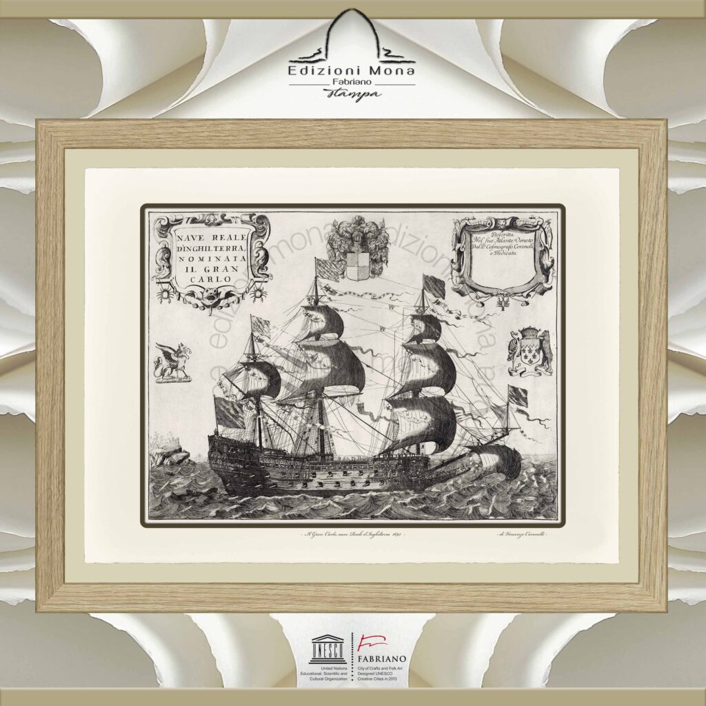 Mappa antica Grancarlo nave reale d'Inghilterra 1693 Vincenzo Coronelli riproduzione artistica Fine Art su carta in puro cotone, prodotta tradizionalmente a Fabriano, città della carta e della filigrana, città creativa Unesco.