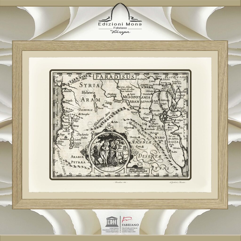 Mappa antica Paradisus 1607 Gerhard Mercator riproduzione artistica Fine Art su carta in puro cotone, prodotta tradizionalmente a Fabriano, città della carta e della filigrana, città creativa Unesco.