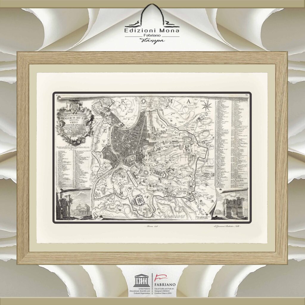 Mappa antica Roma 1748 Giovanni Battista Nolli riproduzione artistica Fine Art su carta in puro cotone, prodotta tradizionalmente a Fabriano, città della carta e della filigrana, città creativa Unesco.