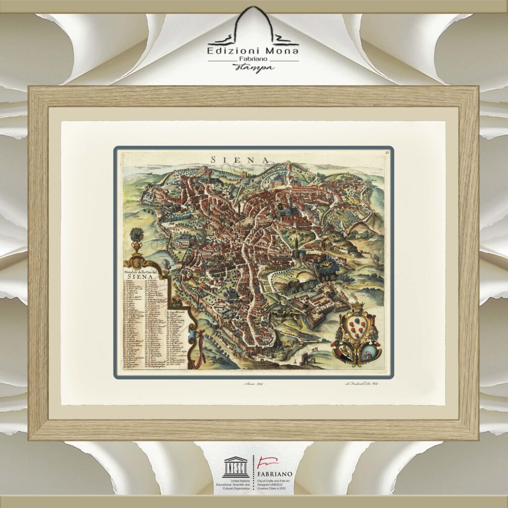 Mappa antica Siena 1694 Frederick de Wit riproduzione artistica Fine Art su carta in puro cotone, prodotta tradizionalmente a Fabriano, città della carta e della filigrana, città creativa Unesco.
