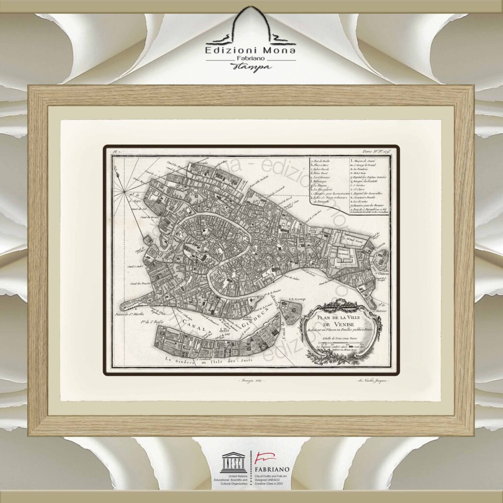 Mappa antica Venezia 1764 Nicolas Jacques riproduzione artistica Fine Art su carta in puro cotone, prodotta tradizionalmente a Fabriano, città della carta e della filigrana, città creativa Unesco.