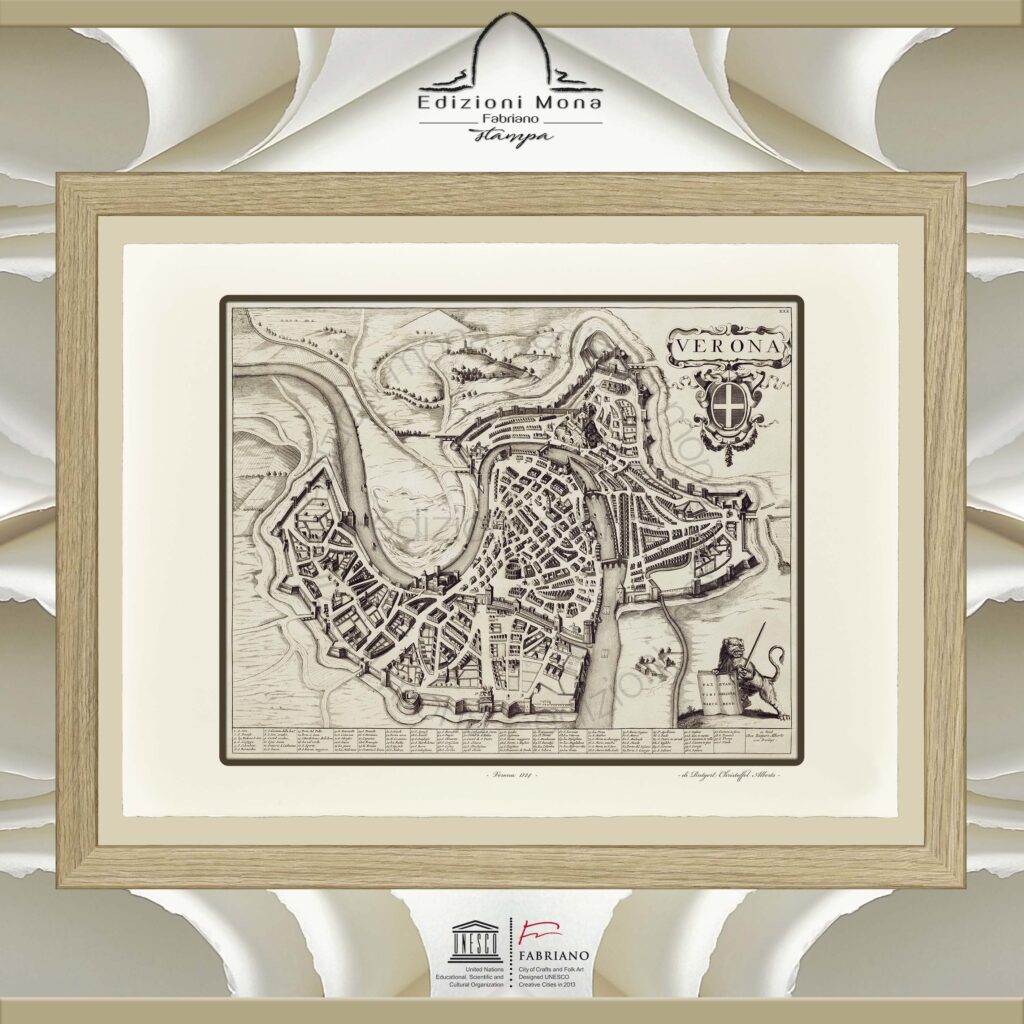 Mappa antica Verona 1724 Rutgert Christoffel Alberts riproduzione artistica Fine Art su carta in puro cotone, prodotta tradizionalmente a Fabriano, città della carta e della filigrana, città creativa Unesco.