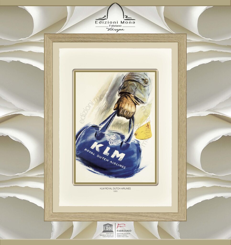 Manifesto Vintage KLM Royal Dutch Airlines 1955, riproduzione artistica Fine Art su carta in puro cotone, prodotta tradizionalmente a Fabriano, città della carta e della filigrana, città creativa Unesco.