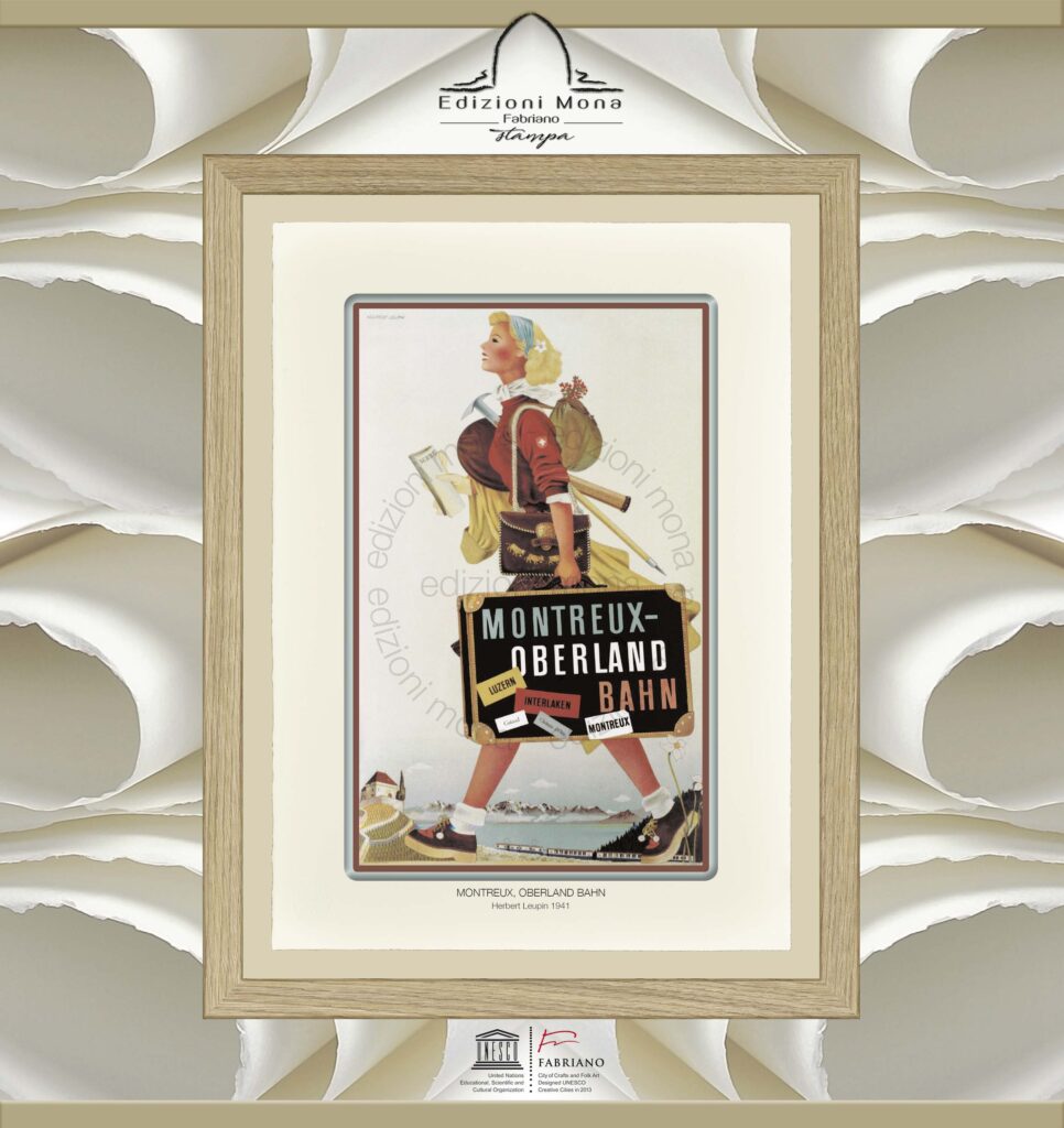 Manifesto Vintage Montreux, Oberland Bahn 1941 Herbert Leupin, riproduzione artistica Fine Art su carta in puro cotone, prodotta tradizionalmente a Fabriano, città della carta e della filigrana, città creativa Unesco.