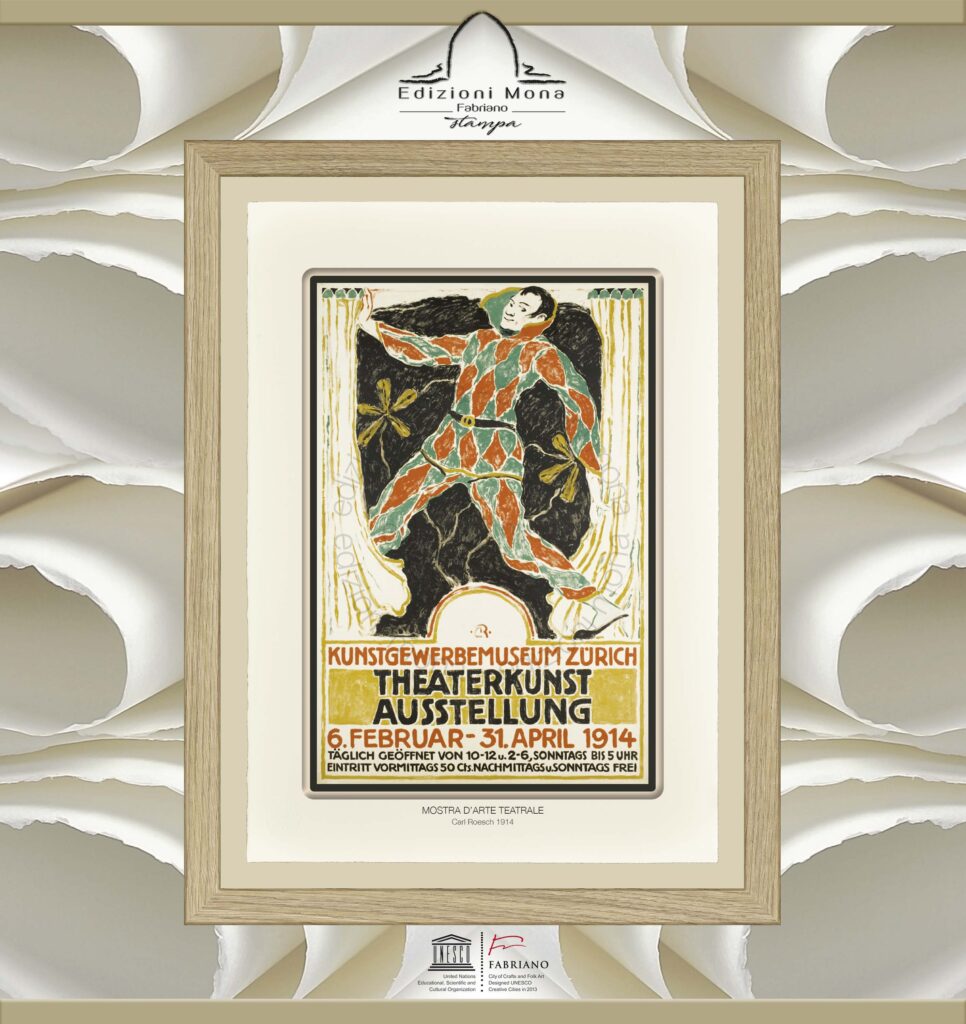 Manifesto Vintage Mostra d'Arte Teatrale 1914 Carl Roesch, riproduzione artistica Fine Art su carta in puro cotone, prodotta tradizionalmente a Fabriano, città della carta e della filigrana, città creativa Unesco.
