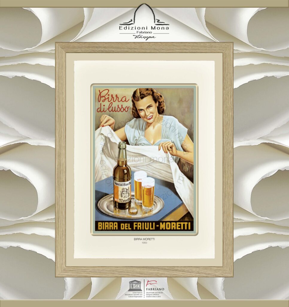 Manifesto Vintage Birra Moretti 1950, riproduzione artistica Fine Art su carta in puro cotone, prodotta tradizionalmente a Fabriano, città della carta e della filigrana, città creativa Unesco.
