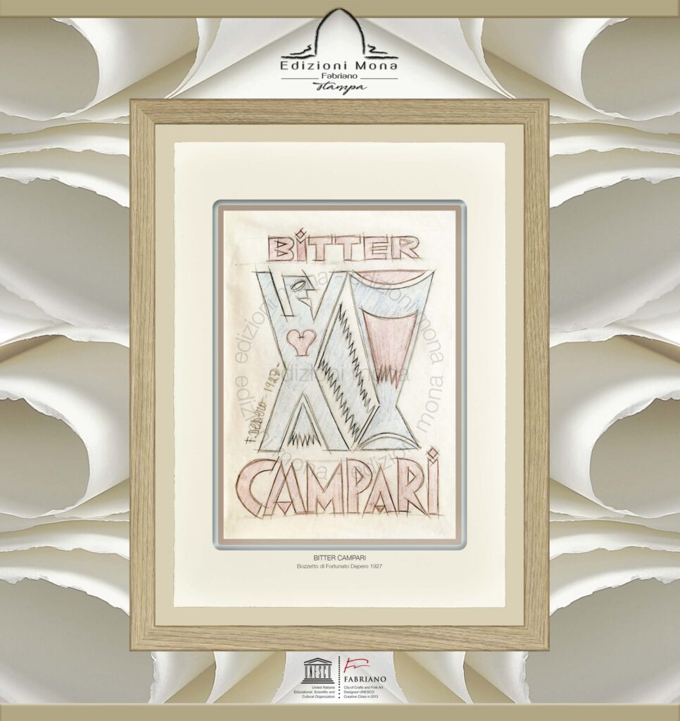 Manifesto Vintage Bitter Campari 1927 Fortunato Depero, riproduzione artistica Fine Art su carta in puro cotone, prodotta tradizionalmente a Fabriano, città della carta e della filigrana, città creativa Unesco.
