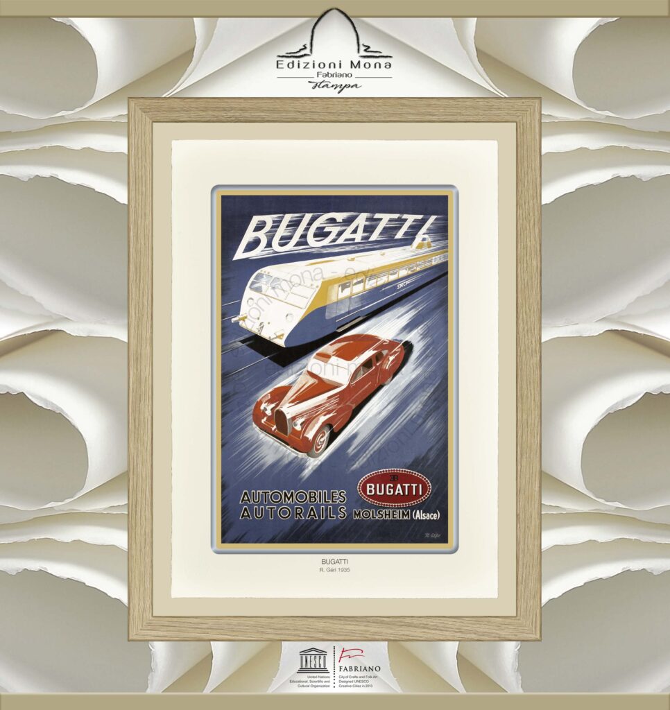 Manifesto Vintage Bugatti 1935 R. Géri, riproduzione artistica Fine Art su carta in puro cotone, prodotta tradizionalmente a Fabriano, città della carta e della filigrana, città creativa Unesco.