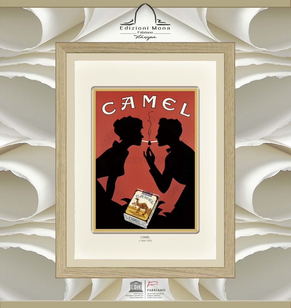 Manifesto Vintage Camel 1952 Wild, riproduzione artistica Fine Art su carta in puro cotone, prodotta tradizionalmente a Fabriano, città della carta e della filigrana, città creativa Unesco.
