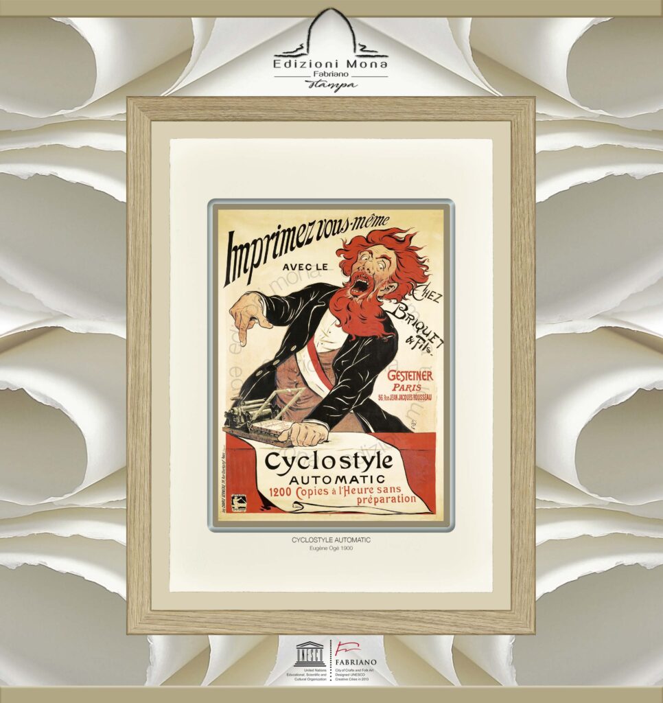 Manifesto Vintage Cyclostyle Automatic 1900 Eugène Ogé, riproduzione artistica Fine Art su carta in puro cotone, prodotta tradizionalmente a Fabriano, città della carta e della filigrana, città creativa Unesco.