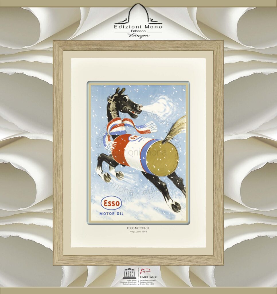 Manifesto Vintage Esso Motor Oil 1948 Hugo Laubi, riproduzione artistica Fine Art su carta in puro cotone, prodotta tradizionalmente a Fabriano, città della carta e della filigrana, città creativa Unesco.