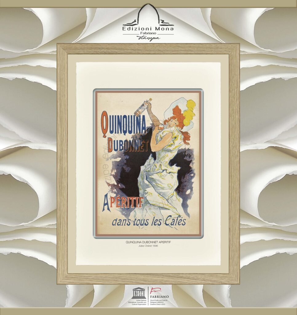 Manifesto Vintage Quinquina Dubonnet Aperitif 1896 Jules Chéret, riproduzione artistica Fine Art su carta in puro cotone, prodotta tradizionalmente a Fabriano, città della carta e della filigrana, città creativa Unesco.