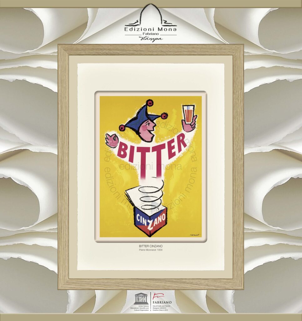 Manifesto Vintage Bitter Cinzano 1958 Pierre Monnerat, riproduzione artistica Fine Art su carta in puro cotone, prodotta tradizionalmente a Fabriano, città della carta e della filigrana, città creativa Unesco.