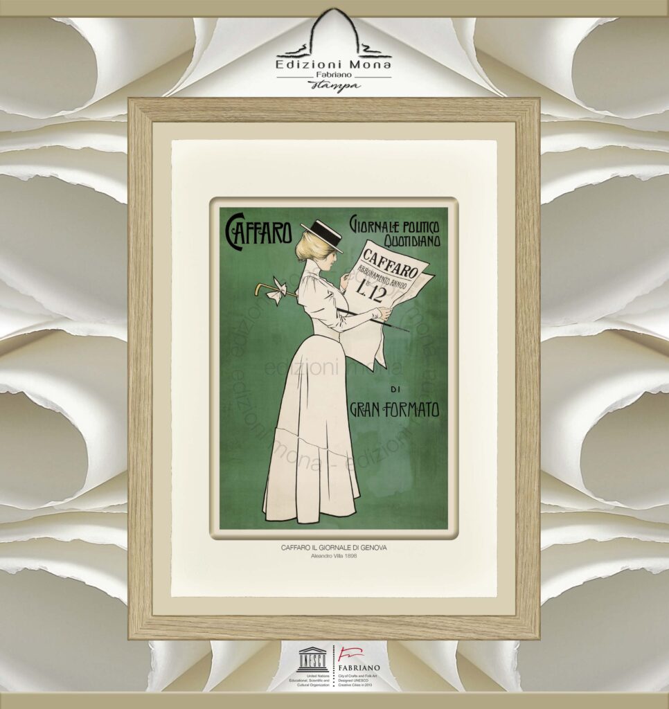 Manifesto Vintage Caffaro il giornale di Genova 1898 Alessandro Villa, riproduzione artistica Fine Art su carta in puro cotone, prodotta tradizionalmente a Fabriano, città della carta e della filigrana, città creativa Unesco.