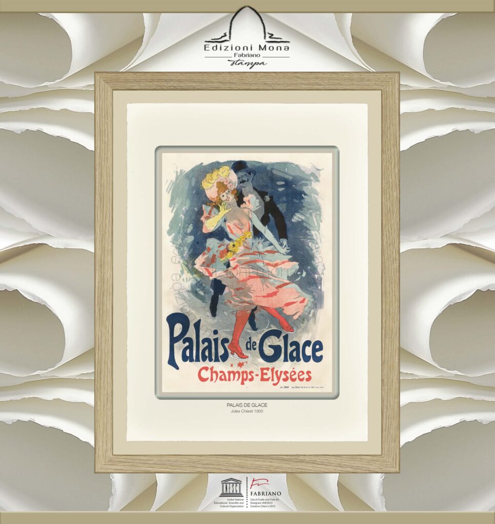 Manifesto Vintage Palais de Glace 1900 Jules Chéret, riproduzione artistica Fine Art su carta in puro cotone, prodotta tradizionalmente a Fabriano, città della carta e della filigrana, città creativa Unesco.