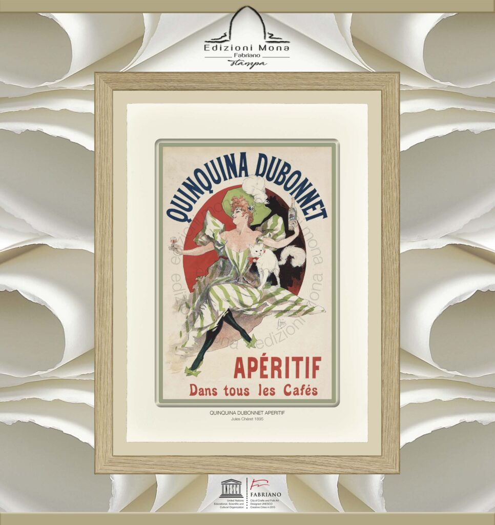 Manifesto Vintage Quinquina Dubonnet Aperitif 1895 Jules Chéret, riproduzione artistica Fine Art su carta in puro cotone, prodotta tradizionalmente a Fabriano, città della carta e della filigrana, città creativa Unesco.