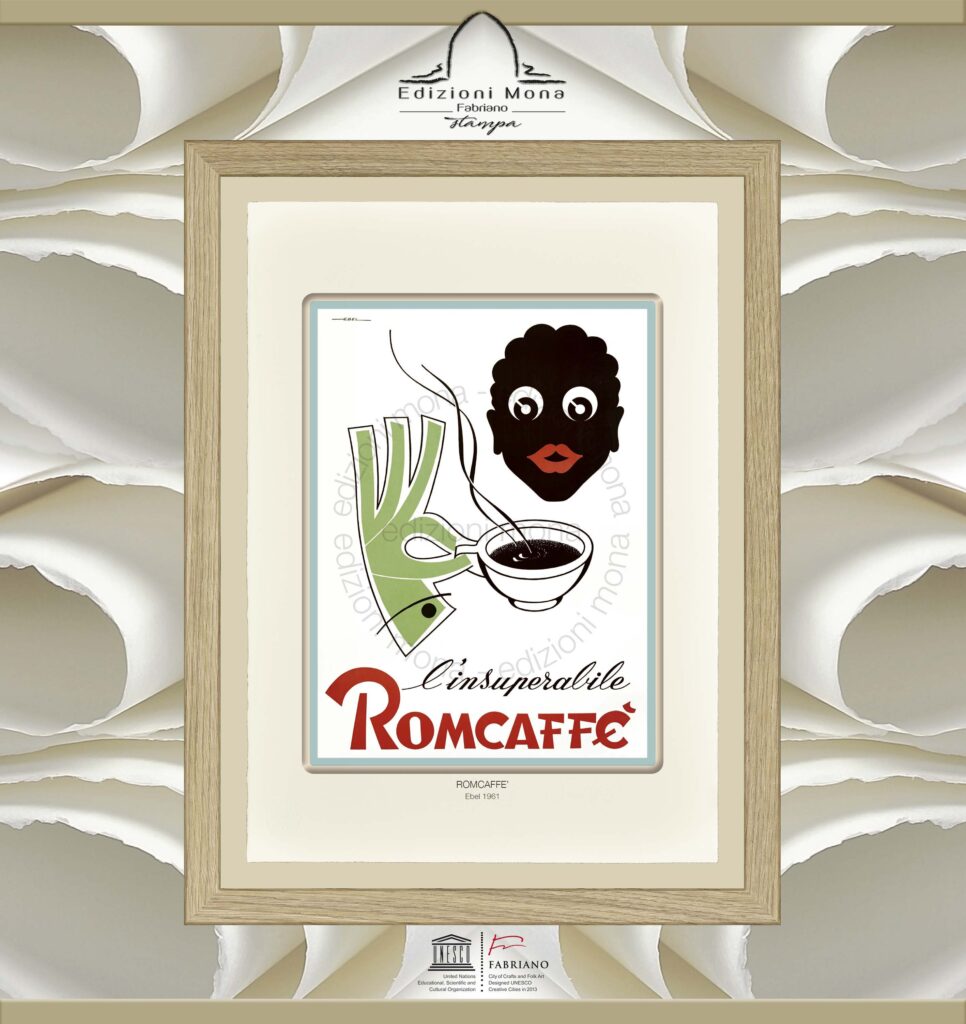 Manifesto Vintage Romcaffé 1961 Ebel, riproduzione artistica Fine Art su carta in puro cotone, prodotta tradizionalmente a Fabriano, città della carta e della filigrana, città creativa Unesco.